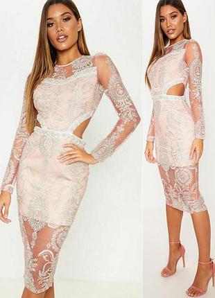 Распродажа платье prettylittlething миди кружевное asos ажурное с вышивкой и бисером