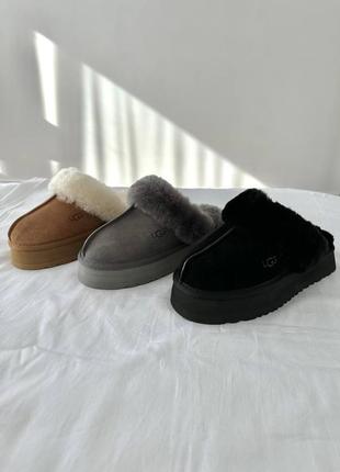 Женские зимние тапочки ugg disquette platform black натуральный мех овчины.