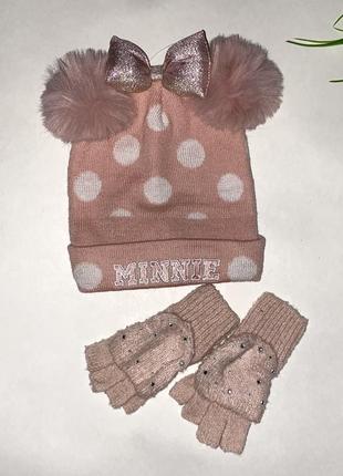 Шапка подвійна рожевого кольору з хутряними помпонами minnie + перчатки-рукавички // бренд: primark2 фото