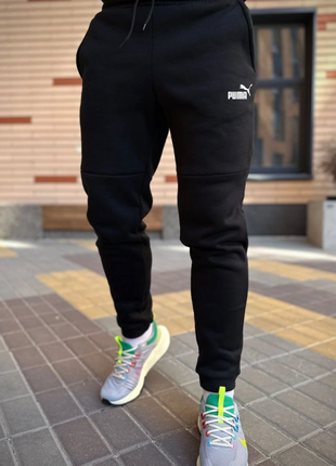 Зимові однотонні штани з начосом лого puma vakko однотонні чорні спортивні бавовна, поліестер1 фото