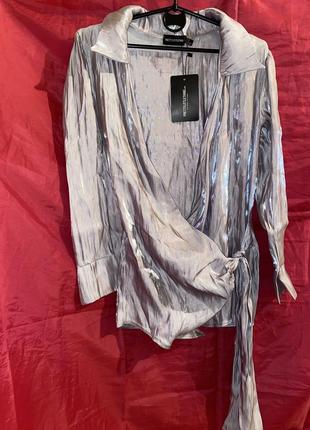 Сорочка блискуча срібляста блестящая серебристая туніка туника рубашка 10 бренд