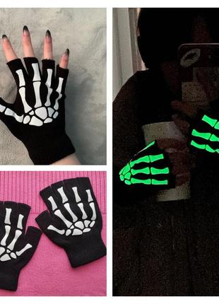 Перчатки митенки halloween скелеты светящиеся в темноте с принтом скелет неформальные эмо гот панк аниме трикотажные с открытыми пальцами хэллоуин1 фото