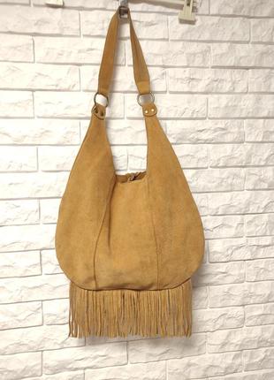 Zara шкіряна зимова замшева сумка мішок бохо boho світло коричнева з хутром натуральним ковбойська жіноча з бохрамою китицями4 фото