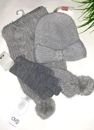 Набір: шапка флісова сірого кольору +шарф в‘язаний з помпонами+ перчатки з люрексовою ниткою2 фото