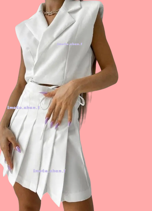 Костюм женский белый плиссе юбка + топ с завязками жакет и плиссированная юбка