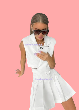Костюм женский белый плиссе юбка + топ с завязками жакет и плиссированная юбка2 фото