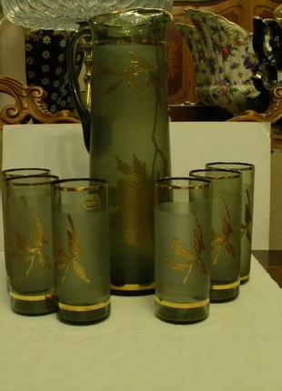 Шикарный набор кувшин стаканы цветной хрусталь позолота богемия чехословакия №3302 фото