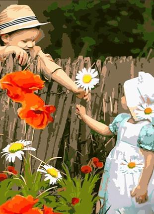 Картина за номерами strateg преміум діти біля паркану розміром 40х50 см (hh055)