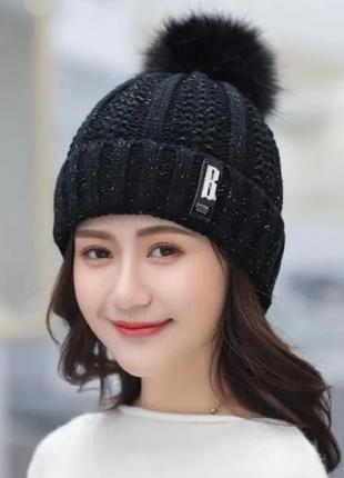 Теплая зимняя женская шапка, люрекс+ помпон1 фото