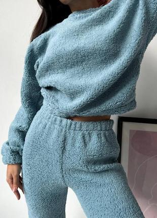Женская теплая пижама брюки пояс на резинке карманы идеальная посадка + кофта свободного кроя10 фото