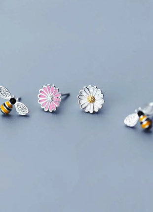 Серьги серебряные пчелка+ромашка, детские разные серьги, серебро 925 пробы, белый или розовый цветок