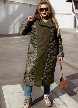 Комбинированное женское пальто на еврозима 46-68 размеры9 фото