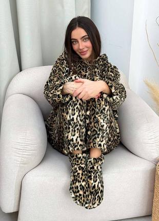 3в1🔥теплая махровая пижама в леопардовый принт и принт сердечки кофта + брюки + носки турецкая махра🔥2 фото