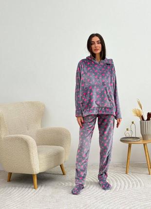 3в1🔥теплая махровая пижама в леопардовый принт и принт сердечки кофта + брюки + носки турецкая махра🔥5 фото