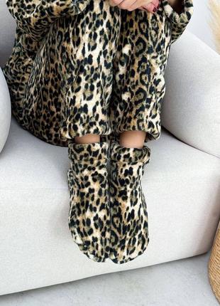 3в1🔥теплая махровая пижама в леопардовый принт и принт сердечки кофта + брюки + носки турецкая махра🔥4 фото
