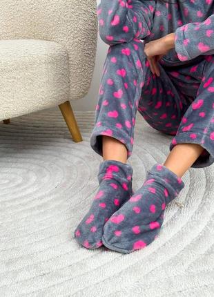 3в1🔥теплая махровая пижама в леопардовый принт и принт сердечки кофта + брюки + носки турецкая махра🔥6 фото