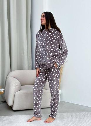 3в1🔥теплая махровая пижама в леопардовый принт и принт сердечки кофта + брюки + носки турецкая махра🔥8 фото