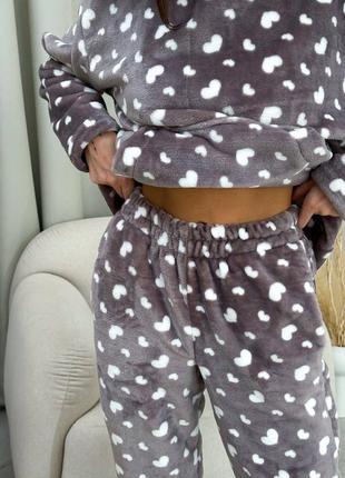 3в1🔥теплая махровая пижама в леопардовый принт и принт сердечки кофта + брюки + носки турецкая махра🔥9 фото