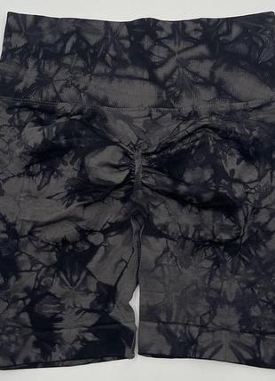 Шорты женские спортивные с эффектом пуш-ап, черного цвета с мраморным принтом, размер l10 фото
