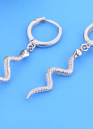 Серьги кольца серебряные змея, длинные серьги унисекс, серебро 925 пробы, покрытие родий или позолот3 фото
