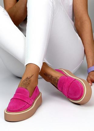Современные яркие замшевые туфли лоферы цвет розовая фуксия7 фото