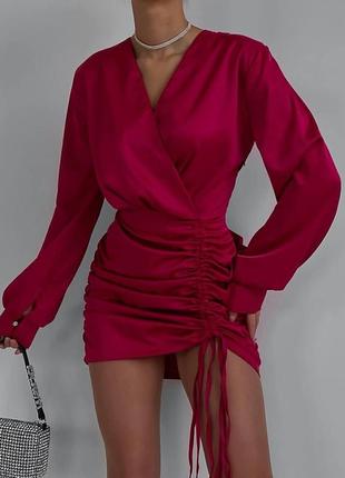 Женское приталенное платье мини, с кулиской, на змейке, бордо