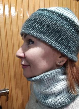 Серая шапка и хомут ручной вязки