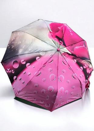 Женский зонтик полуавтомат с системой антиветер, принт капли дождя с розой2 фото