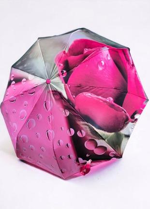 Женский зонтик полуавтомат с системой антиветер, принт капли дождя с розой1 фото