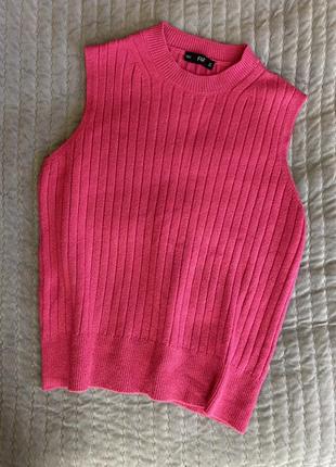 Яркий розовый вязаный жилет, жилетка оверсайз, свободная теплая осення цвет фуксия барби, свитер