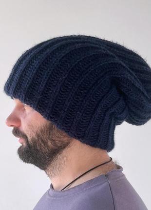 Мужская вязаная шапка объемная теплая шапка зимняя шапка оверсайз двойная теплая шапка с отворотом шапка-чулок