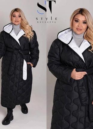 Женское зимнее стеганое длинное пальто на  запах с поясом батал2 фото