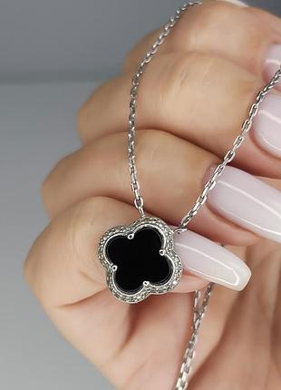 Срібне кольє на тонкому ланцюжку van cleef з оніксом