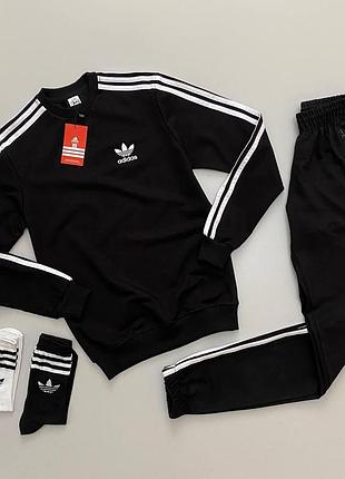 Мужской утепленный спортивный костюм adidas черный без капюшона | комплект зимний адидас свитшот и штаны (bon)