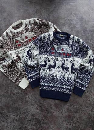 Мужской новогодний свитер с оленями и домиками синий без горла шерстяной (bon)