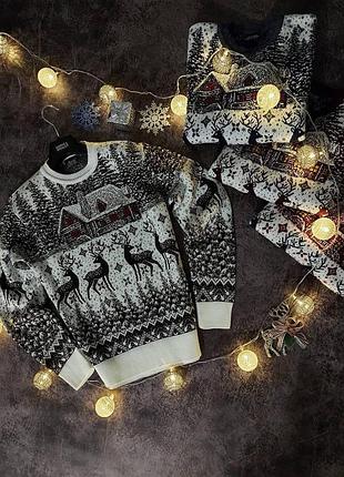 Мужской новогодний свитер с оленями и домиками синий без горла шерстяной (bon)