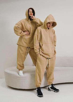 Парний спортивний костюм на флісі оверсайз бежевий  ⁇  комплект family look худі та штани жіночий і чоловічий (bon)