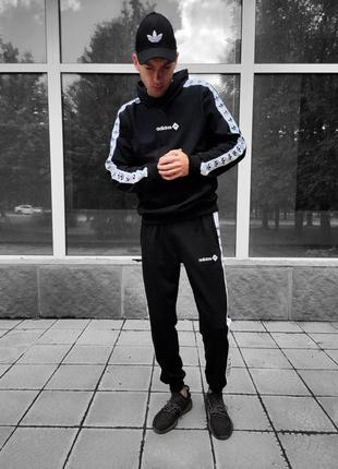 Мужской спортивный костюм adidas черный с лампасами весенний | комплект худи и штаны адидас (bon)2 фото