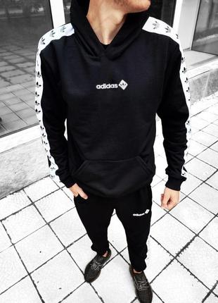 Мужской спортивный костюм adidas черный с лампасами весенний | комплект худи и штаны адидас (bon)