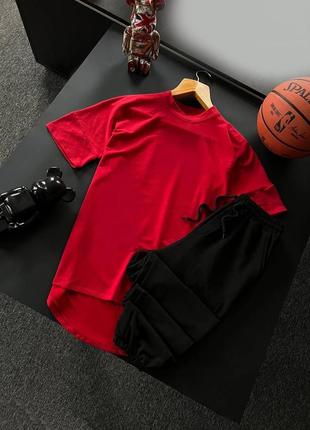 Чоловічий літній костюм оверсайз футболка + штани червоний із чорним комплект повсякденний на літо (bon)1 фото