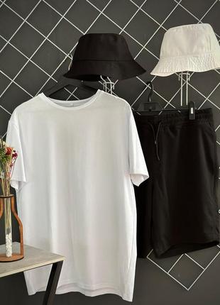 Чоловічий літній костюм 3в1 футболка + шорти + панамка чорний з білим спортивний костюм на літо (bon)