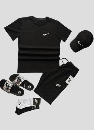 Мужской летний костюм nike футболка + шорты + кепка + шлепки + носки черный найк (bon)