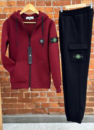 Чоловічий зимовий спортивний костюм stone island бордовий на блискавці з капюшоном стон айленд (bon)