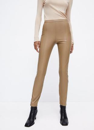 Штаны под кожу леггинсы лосины разрезы утеплённые коричневые бежевые zara s m 5427/220