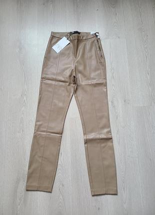 Штаны под кожу леггинсы лосины разрезы утеплённые коричневые бежевые zara s m 5427/220