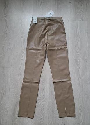 Штаны под кожу леггинсы лосины разрезы утеплённые коричневые бежевые zara s m 5427/220