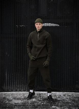 Мужской флисовый спортивный костюм хаки без капюшона зимний | комплект плюшевый худи и штаны (bon)4 фото