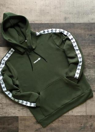 Мужское зимнее худи adidas хаки с лампасами | мужская теплая кофта с капюшоном адидас зелёная (bon)