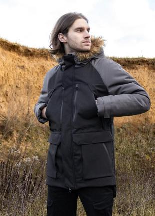 Чоловіча зимова парка чорна із сірим до -28 °c з хутром  ⁇  зимова подовжена куртка з капюшоном (bon)
