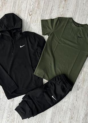 Мужской спортивный костюм nike 3в1 черный с хаки весенний осенний | комплект худи + штаны + футболка найк
